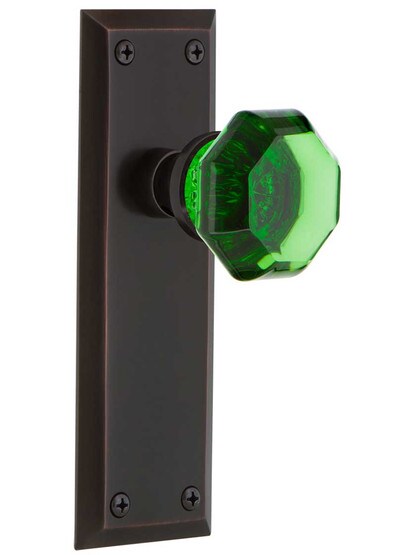 New York Door Set with Colored Waldorf Crystal Glass Knobs Emerald in Timeless Bronze.